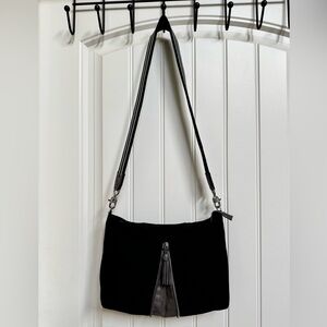 Stella & Dot Black and Glitter Silver Expandable Shoulder Purse. 11” x 9” x 0.4”